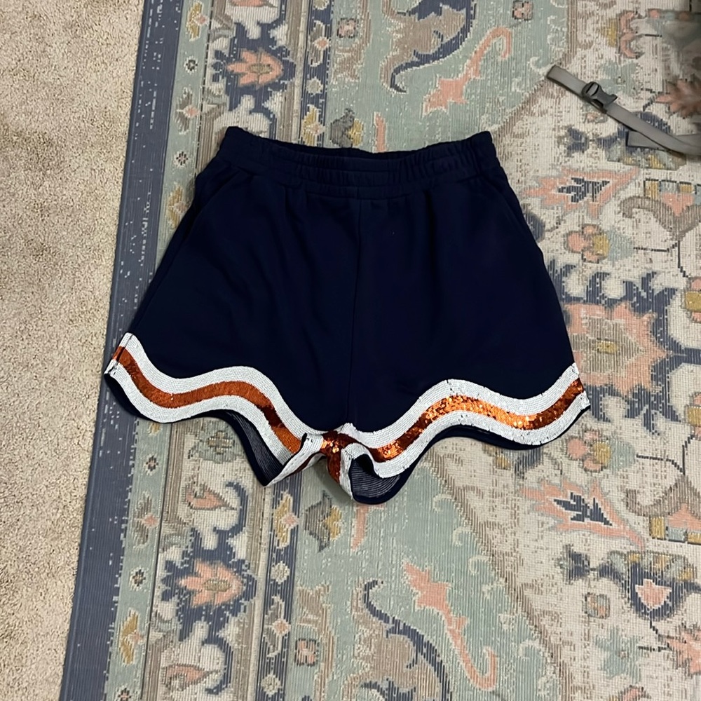 QUEEN OF SPARKLES Navy High-Waist Shorts with White and Copper Sequin Trim